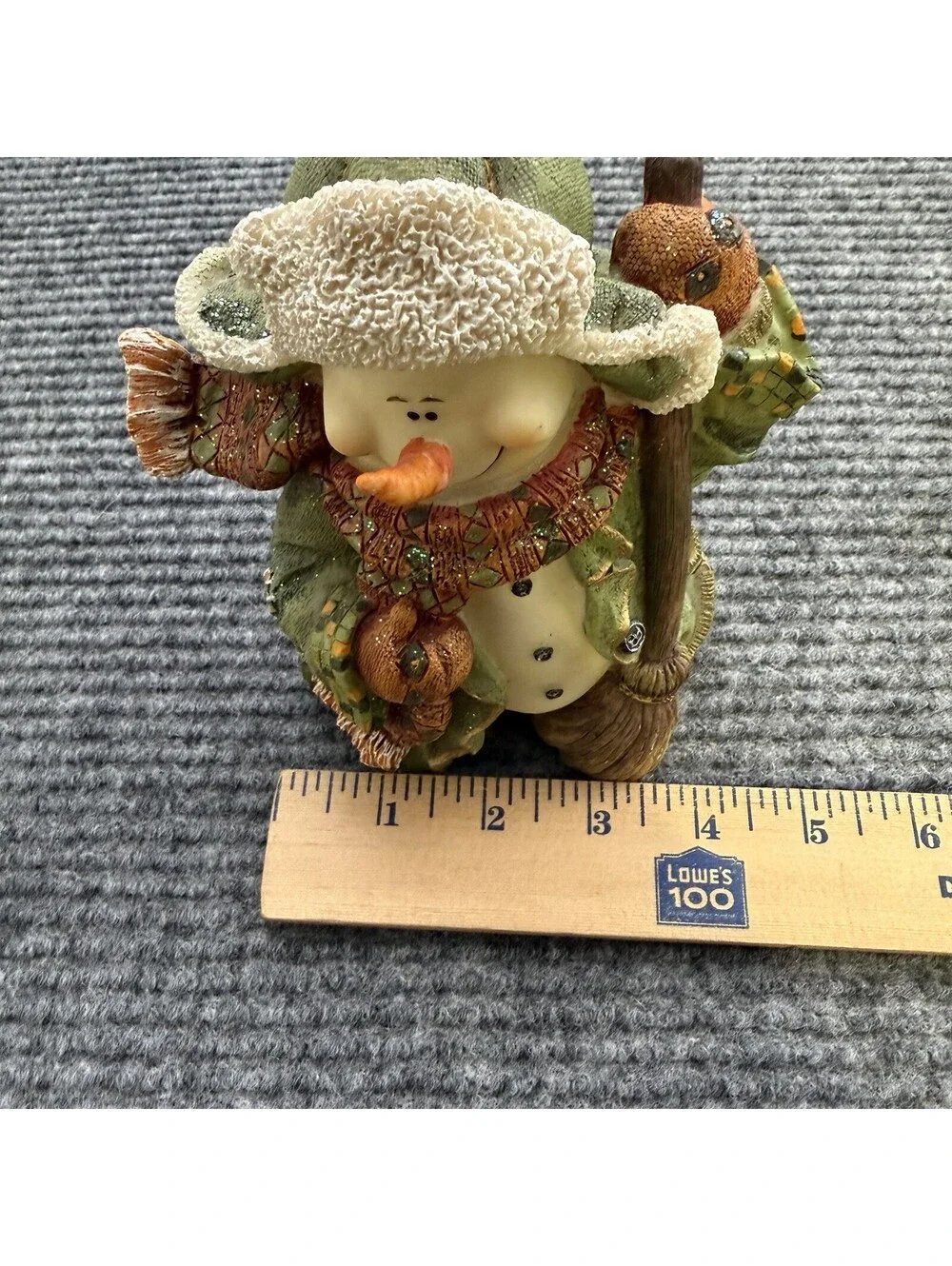 Vintage Style Snowman Figurine 6.5 Inch Resin Broom Hat Scarf Christmas Decor